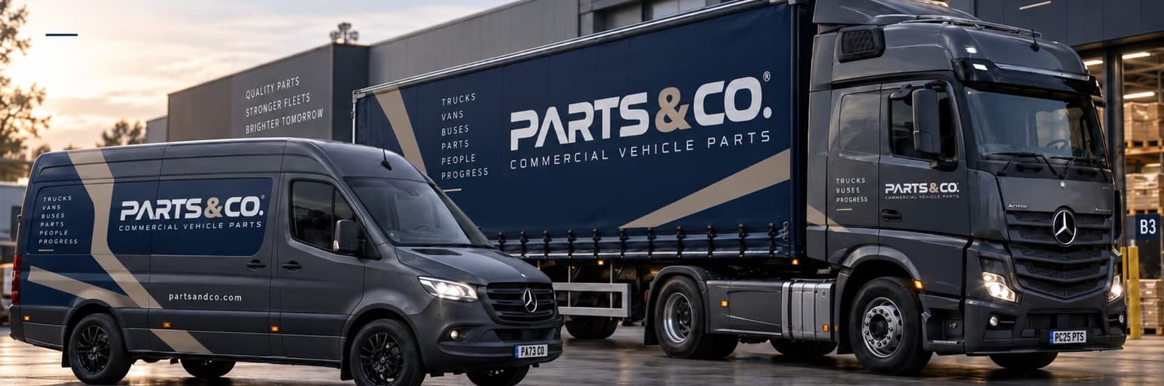 Parts & Co branded fleet — liveried van and curtain-side trailer at the depot